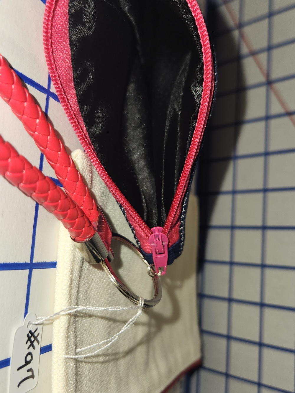 Denim Coin Pouch with Pink Zipper and Red Letherette Strap - Picture 5 of 5